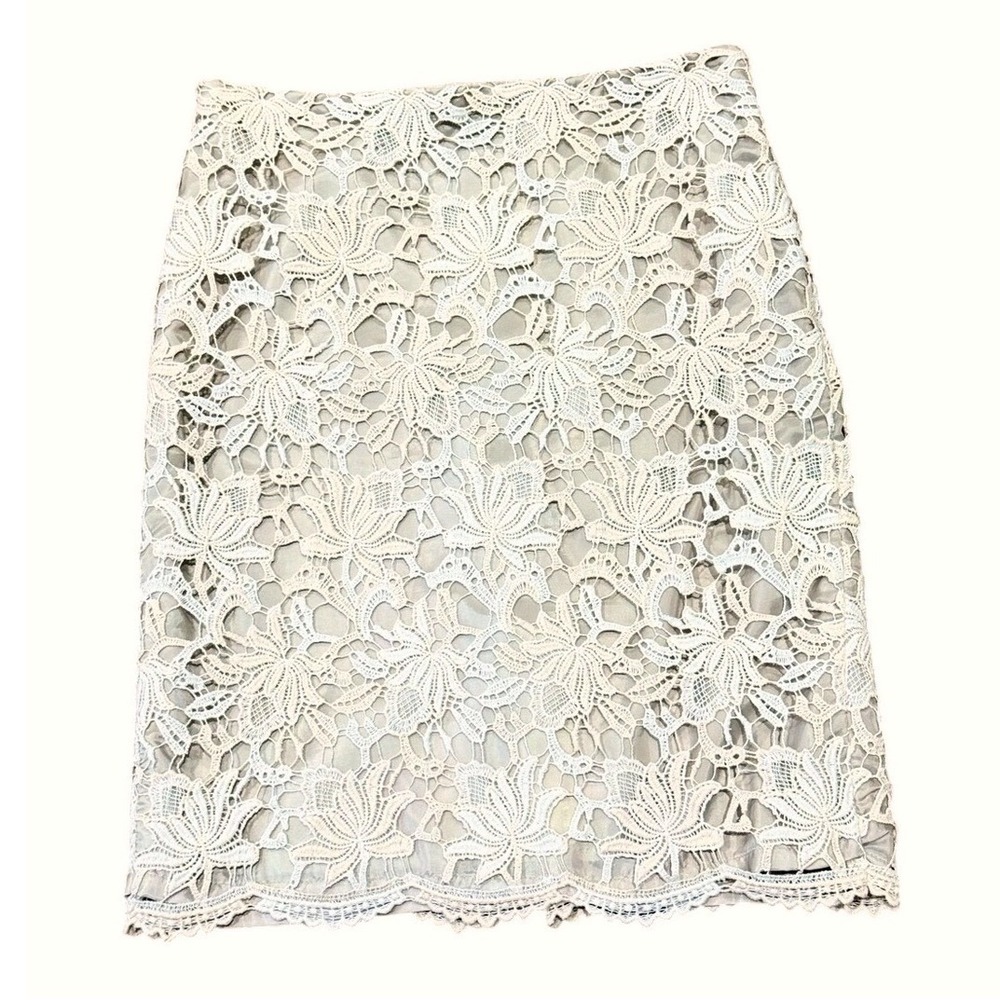 ANN TAYLOR Ivory Floral Lace Pencil Skirt Gray Taupe Contrast Lining | Sz 0